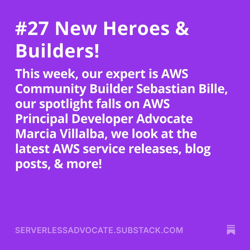 Serverless Advocate 🥑 (@leejamesgilmore) on Twitter photo 🌟 Issue #27 of the Serverless Advocate Newsletter is now out! 👇🏽
This week, our serverless expert is AWS Community Builder <a href="/TastefulElk/">Sebastian Bille</a>, and our spotlight falls on AWS Principal Developer Advocate <a href="/mavi888uy/">Marcia Villalba 🦄</a>!🔥
serverlessadvocate.substack.com/p/27-new-heroe…
#aws #serverless 🌟 Issue #27 of the Serverless Advocate Newsletter is now out! 👇🏽
This week, our serverless expert is AWS Community Builder <a href="/TastefulElk/">Sebastian Bille</a>, and our spotlight falls on AWS Principal Developer Advocate <a href="/mavi888uy/">Marcia Villalba 🦄</a>!🔥
serverlessadvocate.substack.com/p/27-new-heroe…
#aws #serverless
