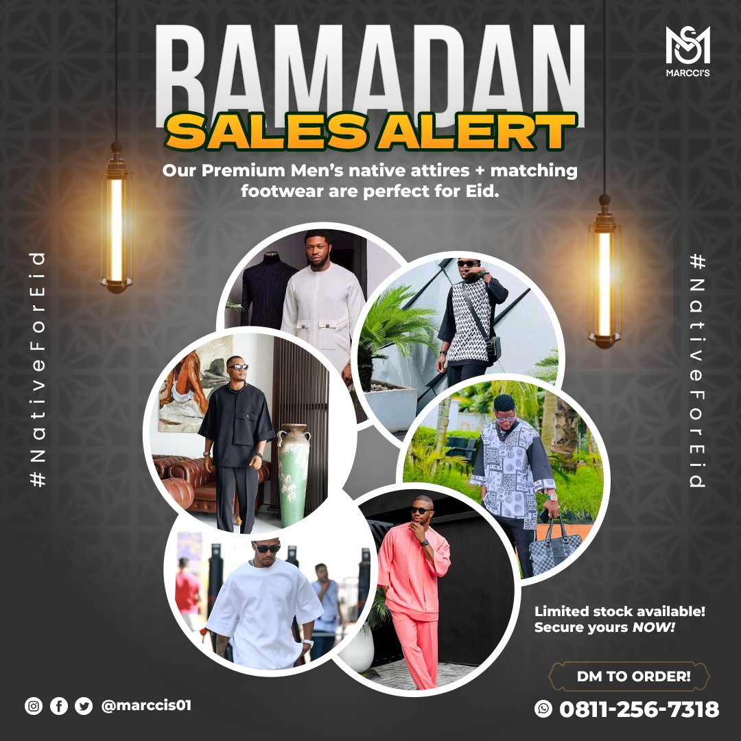 marccis01's tweet photo. 📢 Ramadan Sale Starts NOW!

This Ramadan, dress in style &amp; tradition with our finely crafted men’s native attires and matching footwear perfect for Eid celebration. 

Limited stock available – Don’t miss out! 
DM to order now
https://t.co/pBr3P47Fmp

#RamadanFashion #EidStyle https://t.co/7yoyIrFcIp