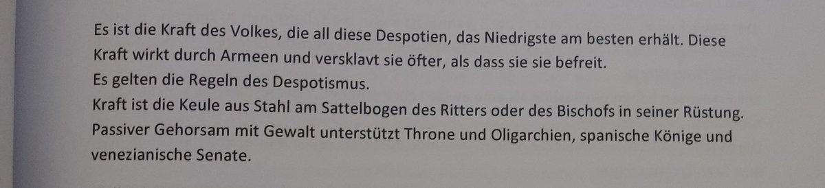Alber Pike - Morals &amp; Dogmas 1871

"Es ist die Kraft des Volkes, die all diese Despotien, das Niedrigste am besten erhält. Diese Kraft wirkt durch Armeen und versklavt sie öfter, als dass sie sie befreit. Es gelten die Regeln des Despotismus. Kraft ist die Keule aus Stahl am