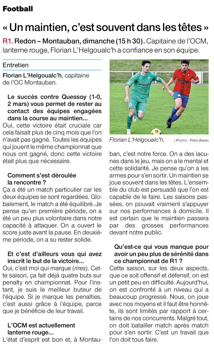 ocmfootball's tweet photo. [PRESSE]

📰 « Un maintien, c’est souvent dans les têtes ».

Capitaine de l’OCM Football, lanterne rouge, Florian L’Helgoualc’h a confiance en son équipe.

#TEAMOCM 💚🤍 https://t.co/e2oI2acedw