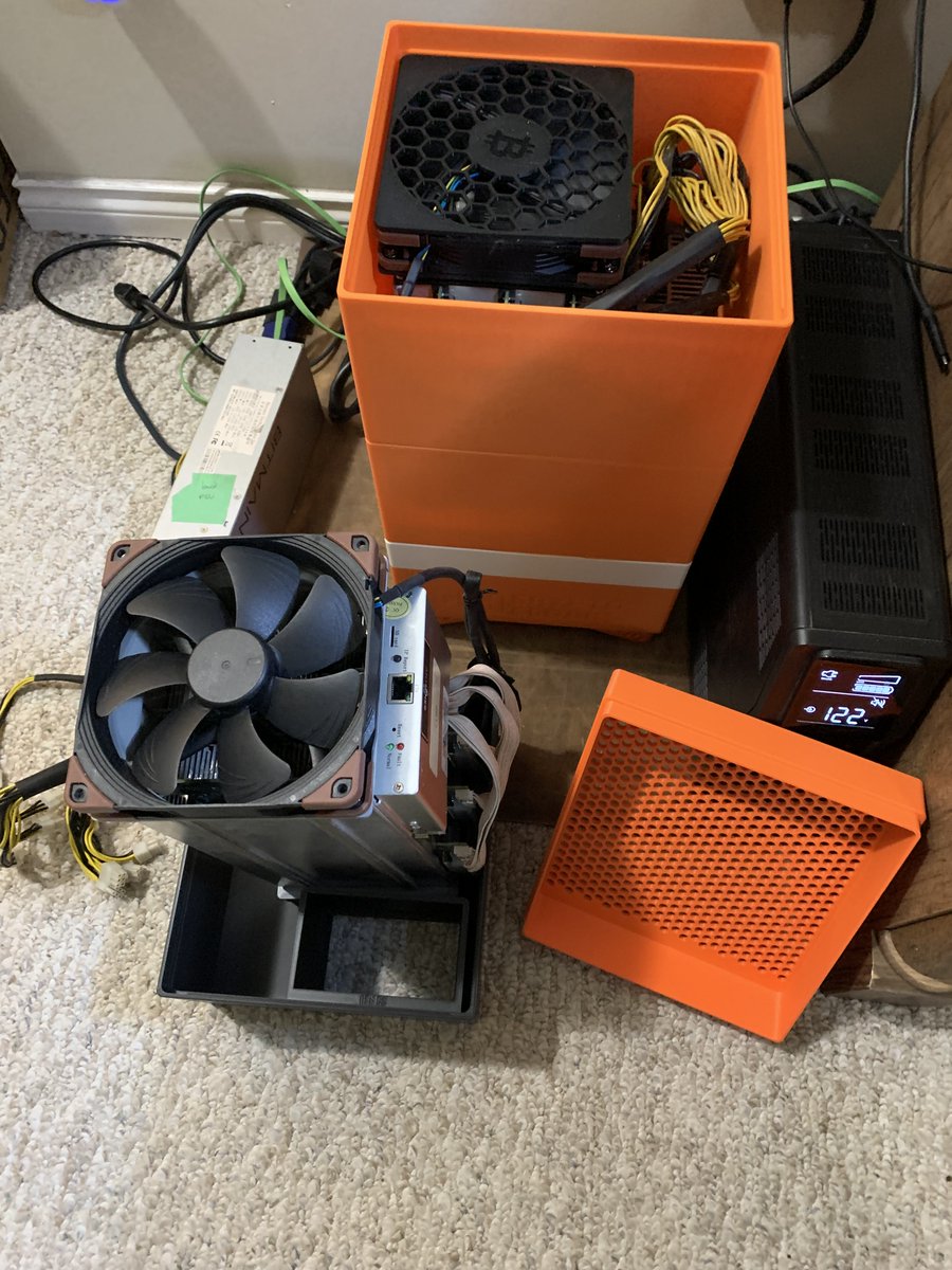 mrmasternode's tweet photo. Heating with #Bitcoin is such an amazing opportunity to on-board no-coiners.   Last Christmas I built an S9 space heater from the awesome case design of @CryptoCloaks & tutorial by @BTCsessions for my 84 year old dad to heat his living room.   He absolutely loved it & asked for another S9 for his birthday.  He now has 3 running 24/7 to heat his small home during winter in 🇨🇦.   So far, his heating bill this year is a savings of 30% compared to using propane at his remote location.

Today, I'm 3d printing & building more space heaters... my mom wants one, my sister wants some etc.   They can't believe how quiet these are (when tuned BraiinsOS+ under 600w & with @Noctua_at fan upgrades).

Better yet - my dad watches his  mining pool hashrate daily & loves seeing his #LightningNetwork sats ⚡️auto-deposit into his wallet.

Make #Bitcoin simple, relevant & practical like this to your no-coiner friends & family to orange pill them.