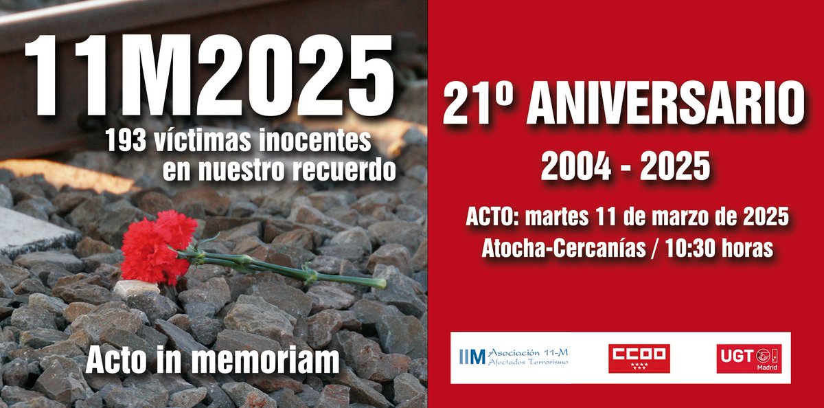 ⚫️Hoy martes 11 de marzo, realizamos un acto in memoriam en el 21ª Aniversario del #11M

🤍Es este acto recordamos a las 193 víctimas inocentes en el atentado del #11M

🖤Siempre en nuestra memoria

📍Horarios y localización del acto homenaje:
madrid.ccoo.es/cms.php?cd_cms…