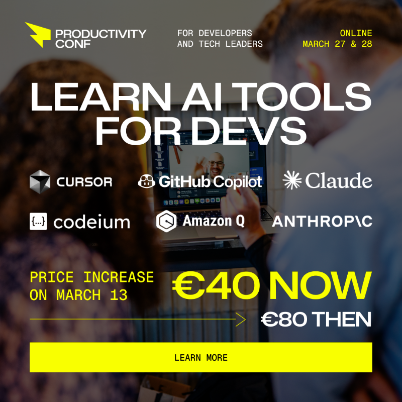 AICodingSummit's tweet photo. Reserve your seat at Productivity Conference for Developers &amp; Tech Leaders before prices rise on March 13!  

Meet experts from GitHub, Microsoft, Amazon &amp; master AI-powered dev workflows.  

💡 Join hands-on workshops, stay ahead of the competition &amp; 10x your productivity!