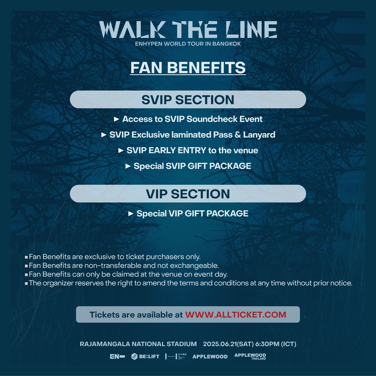 applewood_kr's tweet photo. ENGENE, ain’t No Doubt ทุกคนต้องอยากมาเจอกันที่ ENHYPEN WORLD TOUR ‘WALK THE LINE’ IN BANGKOK แน่ๆ !!
เตรียม���ร้อมที่จะจับจองเป็นเจ้าของบัตรมาฮ๊อบกันเร็วๆนี้🔥

ENGENE, ain't No Doubt you will want to be at ENHYPEN WORLD TOUR 'WALK THE LINE' IN BANGKOK! Be ready to secure your tickets soon🔥

ENHYPEN WORLD TOUR ‘WALK THE LINE’ IN BANGKOK
📆 2025.06.21 (SAT)
📍 RAJAMANGALA NATIONAL STADIUM

⏰ ENGENE MEMBERSHIP PRESALE Registration Period : 2025/03/07(FRI) 1PM ICT ~ 2025/03/13(THURS) 11:59AM ICT
▶ ENGENE MEMBERSHIP PRESALE : 2025/03/21(FRI) 6PM ICT ~ 2025/03/21(FRI) 11:59PM ICT
▶ Ticketing Site : https://t.co/e9iUwWFyyu

#엔하이픈 #ENHYPEN #EN_WORLDTOUR_WALKTHELINE
#EN_WALKTHELINE #WALKTHELINE_IN_BANGKOK
#APPLEWOOD #APPLEWOODTH