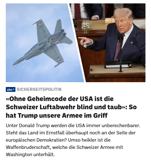 mb81089900's tweet photo. «Ohne #Geheimcode der #USA ist die Schweizer #Luftabwehr blind und taub»
So hat Trump unsere #Armee im Griff

Unter Donald Trump werden die USA immer unberechenbarer.
Umso heikler ist die #Waffenbruderschaft, welche die Schweizer Armee mit Washington unterhält. https://t.co/v33NMu5NME
