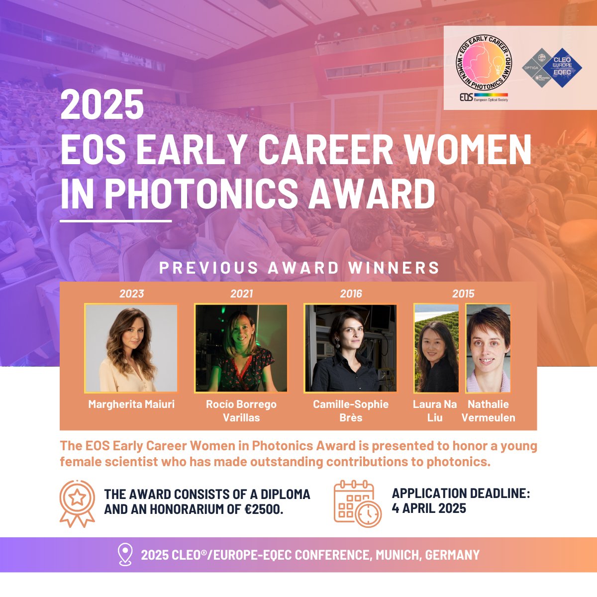 📢 Apply for the EOS Early Career Women in Photonics Award!

This award is presented to honor a young female scientist who has made outstanding contributions to photonics.

🎖️ Prize: Diploma &amp; €2500 honorarium
📅 Deadline: 4 April 2025

More information: tinyurl.com/3wwwrmw8