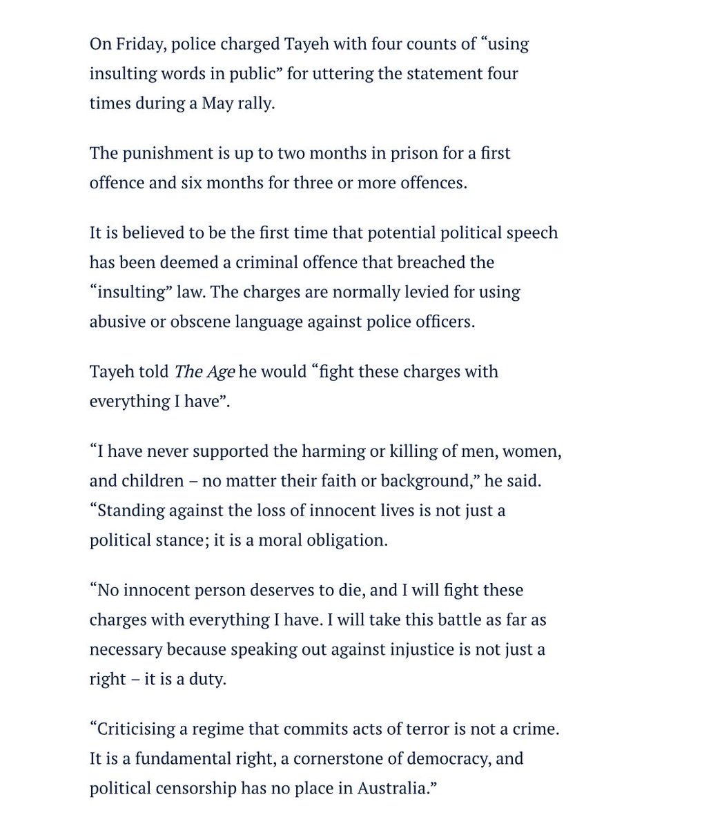 “It is believed to be the first time that potential political speech has been deemed a criminal offence” —this is an obvious test case for the new hate speech laws, and an equally obvious sign of how police will use them: to target Palestinians and stifle dissent against genocide