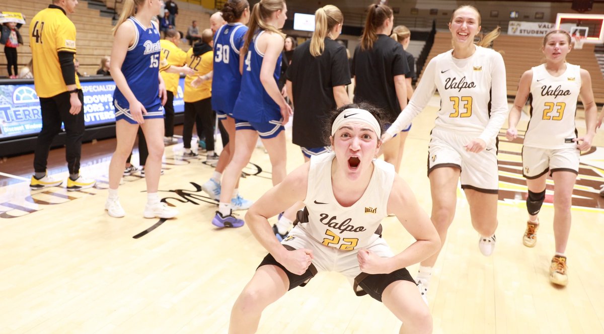 ValpoWBB's tweet photo. POV: us after upsetting Drake in the final seconds of the game for the win🥳‼️

#GoValpo https://t.co/hlQJD0O4xM
