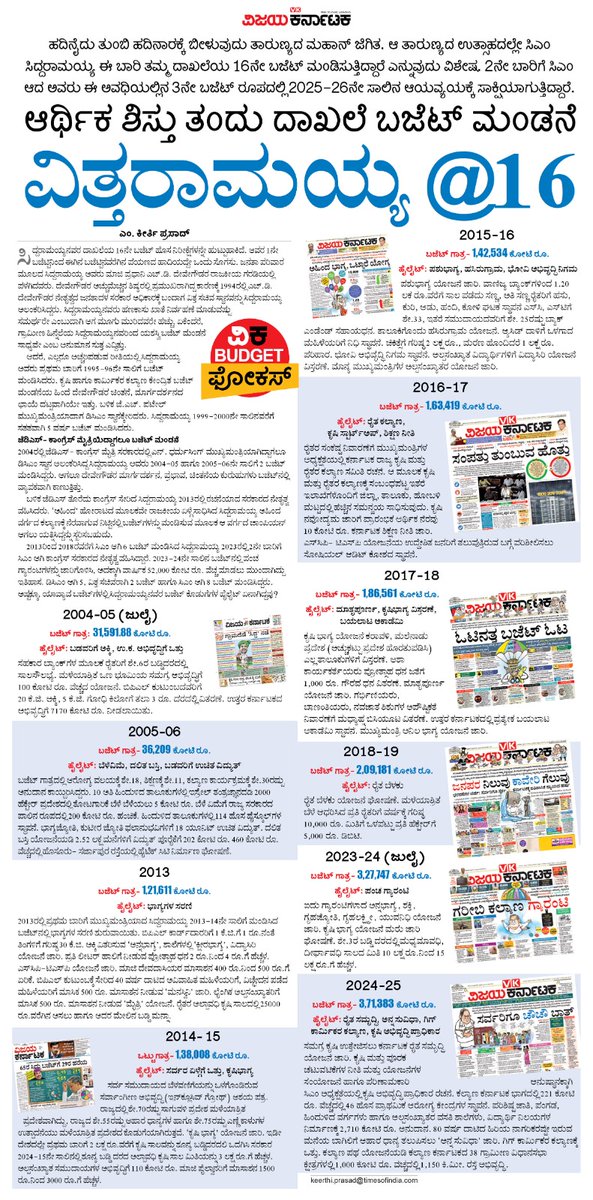 ಸಿದ್ದರಾಮಯ್ಯ <a href="/siddaramaiah/">Siddaramaiah</a>
ಇದುವರೆಗೆ 
ಮಂಡಿಸಿರುವ 15 ಆಯವ್ಯಯಗಳ ವಿಶೇಷ ಏನು ? 1995ರಿಂದ 2025ರವರೆಗಿನ ಎಲ್ಲ ಬಜೆಟ್ ಮೇಲೆ <a href="/Vijaykarnataka/">vijaykarnataka</a>  ಸ್ಪೆಷಲ್ ಕರೆಸ್ಪಾಂಡೆಂಟ್ <a href="/Keerthi_mkp/">KEERTHI PRASAD M</a> ಬೆಳಕು ಚೆಲ್ಲಿದ್ದಾರೆ. 
<a href="/Sudarshanvk2/">Sudarshan Channangihalli</a> <a href="/kolgarkeerthi/">Keerthi Kolgar</a> <a href="/RajeevaVK/">Rajeeva C J</a>