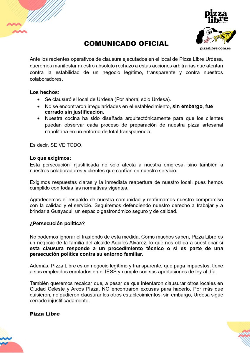 A nuestros clientes, a la comunidad gastronómica. 

¡BASTA!