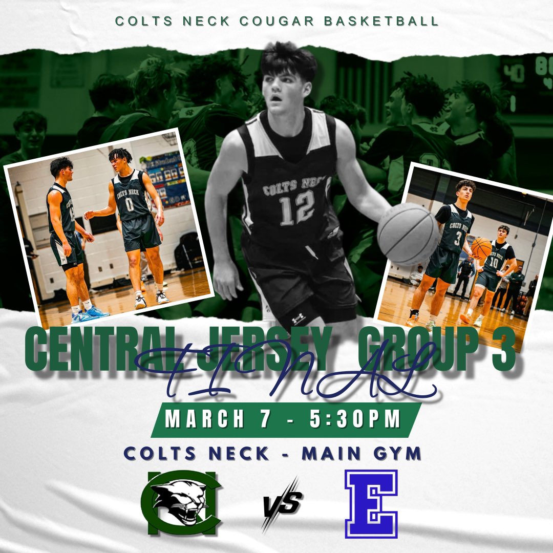 Colts Neck Boys Basketball (@cnhsboyshoops_) on Twitter photo Tomorrow night in front of a sold out crowd, the Cougars will take on Ewing for the Central Jersey Group 3 title. 🏆
📍- Colts Neck Main Gym
🆚 - Ewing
⏱️ - 5:30PM Tip Off
Theme: White Out ⚪️❕❕
#RollCougs #CougarPride
<a href="/CNHSAthletics/">Colts Neck Athletics and Activities</a> Tomorrow night in front of a sold out crowd, the Cougars will take on Ewing for the Central Jersey Group 3 title. 🏆
📍- Colts Neck Main Gym
🆚 - Ewing
⏱️ - 5:30PM Tip Off
Theme: White Out ⚪️❕❕
#RollCougs #CougarPride
<a href="/CNHSAthletics/">Colts Neck Athletics and Activities</a>