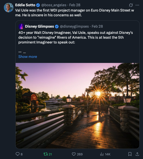 Let me explain something....

Retired Imagineers are a lot like former Presidents — They almost never come out and publicly denounce the current administration's efforts. 

In just the last week, THREE "old" masters have come out against what's happening at the Magic Kingdom.