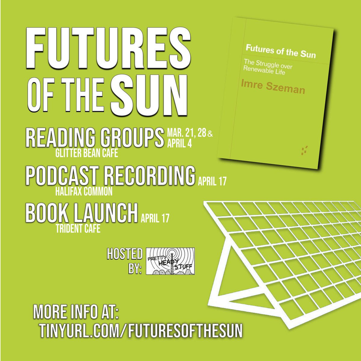 Scott Stoneman (He/Him) (@scottrston) on Twitter photo On April 17, Imre Szeman will be in Halifax to take part in a podcast recording & book launch to mark the release of Futures of the Sun, from <a href="/UMinnPress/">U of MN Press</a>. Before these events, I'll be hosting 3 reading group sessions on March 21, 28 & April 4 from 5-6p.m.
tinyurl.com/futuresofthesun On April 17, Imre Szeman will be in Halifax to take part in a podcast recording & book launch to mark the release of Futures of the Sun, from <a href="/UMinnPress/">U of MN Press</a>. Before these events, I'll be hosting 3 reading group sessions on March 21, 28 & April 4 from 5-6p.m.
tinyurl.com/futuresofthesun