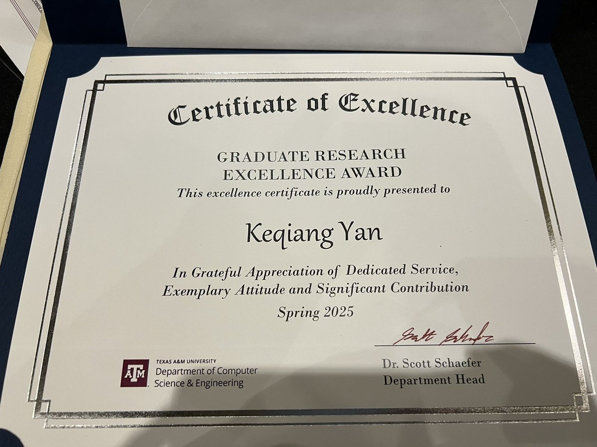 KeqiangY's tweet image. Excited to share that I received CSE Graduate Research Excellence Award from Texas A&M University (one per year) !
Grateful to all the support along the way from my amazing mentors, collaborators, friends and family, especially Dr. Ji @ShuiwangJi .