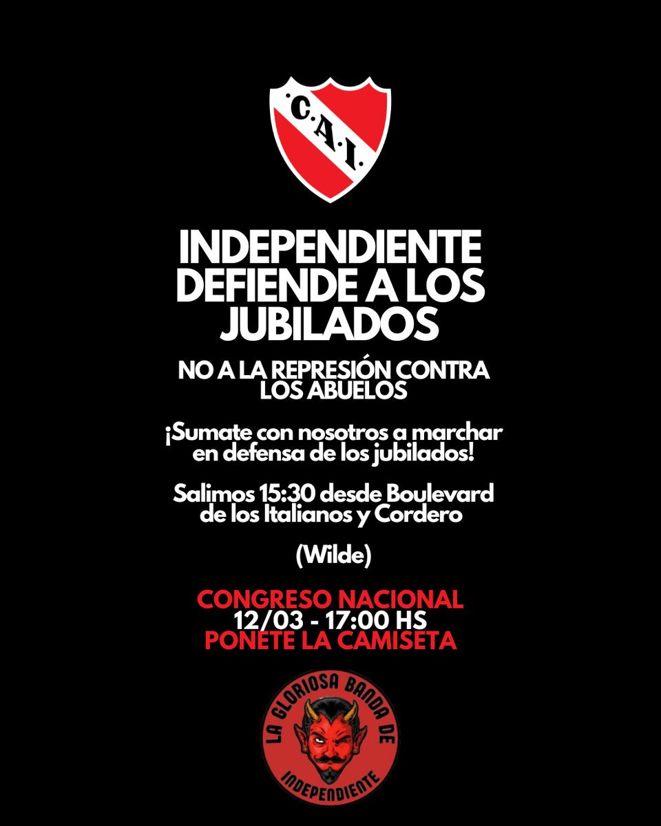 Independiente en solidaridad con los jubilados se suma a la marcha del próximo Miércoles al Congreso Nacional

¡Nos vemos ahí! 🇦🇹