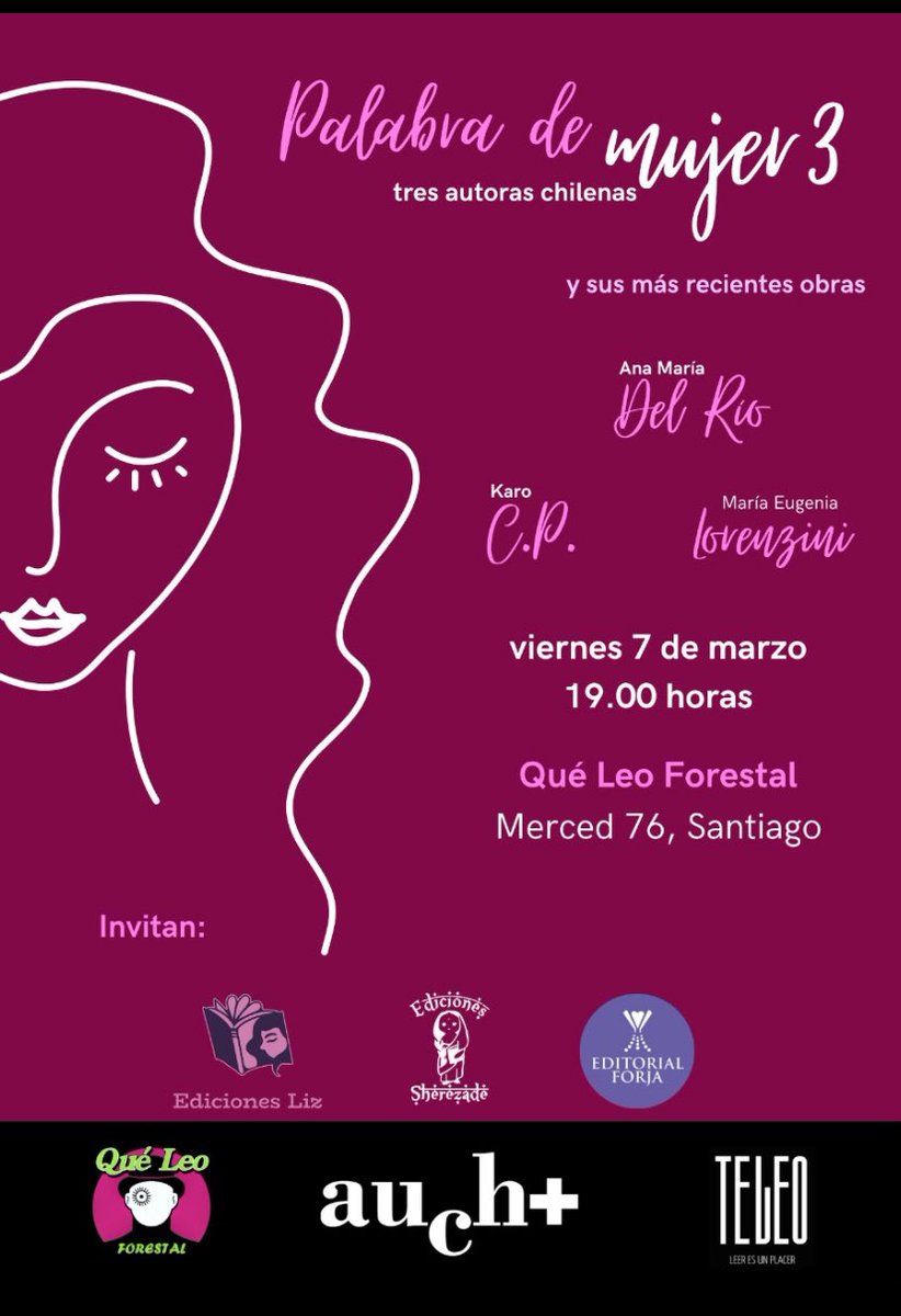 Autoras Chilenas (@autoraschilenas) on Twitter photo Se viene un nuevo 8M y la previa la hacemos en la <a href="/QueLeoForestal/">Qué Leo Forestal</a> conversando y pensando juntas.
La cita es hoy a las 19.00, con este panel de escritoras que abrirán el diálogo. El resto lo hacemos entre todas 💜💚 ¡Se les espera!
<a href="/Te_leo2023/">Revista Te Leo</a> <a href="/QueLeoForestal/">Qué Leo Forestal</a> <a href="/AnaMariaDelLum1/">@AnaMariaDelLumpen</a> Se viene un nuevo 8M y la previa la hacemos en la <a href="/QueLeoForestal/">Qué Leo Forestal</a> conversando y pensando juntas.
La cita es hoy a las 19.00, con este panel de escritoras que abrirán el diálogo. El resto lo hacemos entre todas 💜💚 ¡Se les espera!
<a href="/Te_leo2023/">Revista Te Leo</a> <a href="/QueLeoForestal/">Qué Leo Forestal</a> <a href="/AnaMariaDelLum1/">@AnaMariaDelLumpen</a>