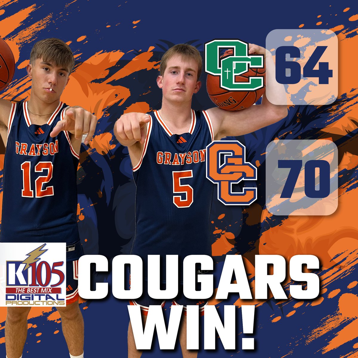 K105sports's tweet photo. BOYS: Grayson County 70 Owensboro Catholic 64 | FINAL

The Cougars pick up their first win in the region tournament since 2014 behind 33 points from @JackLogsdon_24. They will face Meade County in the semifinals on Saturday evening at 7:45pm. https://t.co/R2EBNkkqEv