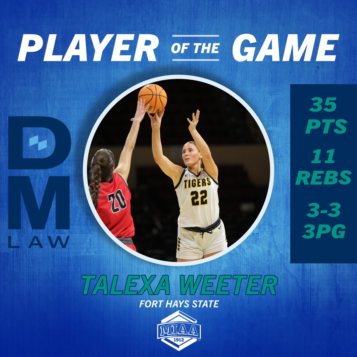 TheMIAA's tweet image. Talexa Weeter of @FHSUWBB was unstoppable while recording her double-double 🔥

She's our “Mike’s Got This” 𝙋𝙇𝘼𝙔𝙀𝙍 𝙊𝙁 𝙏𝙃𝙀 𝙂𝘼𝙈𝙀

#MIAAMadness x #BringYourAGame