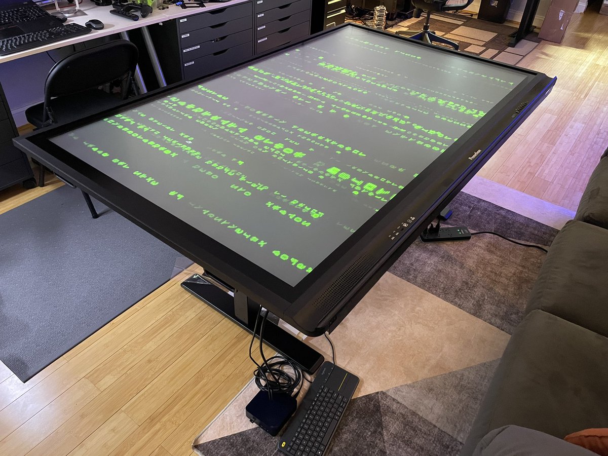 jrowberg's tweet photo. What do you get when you mount a @Promethean ActivPanel to a @FlexiSpot standing desk frame and drive it with a little @Beelinkofficial N150 mini PC running Linux? The world’s biggest open-source 4K touch table! The possibilities are endless! https://t.co/Q5VHFOBTBQ