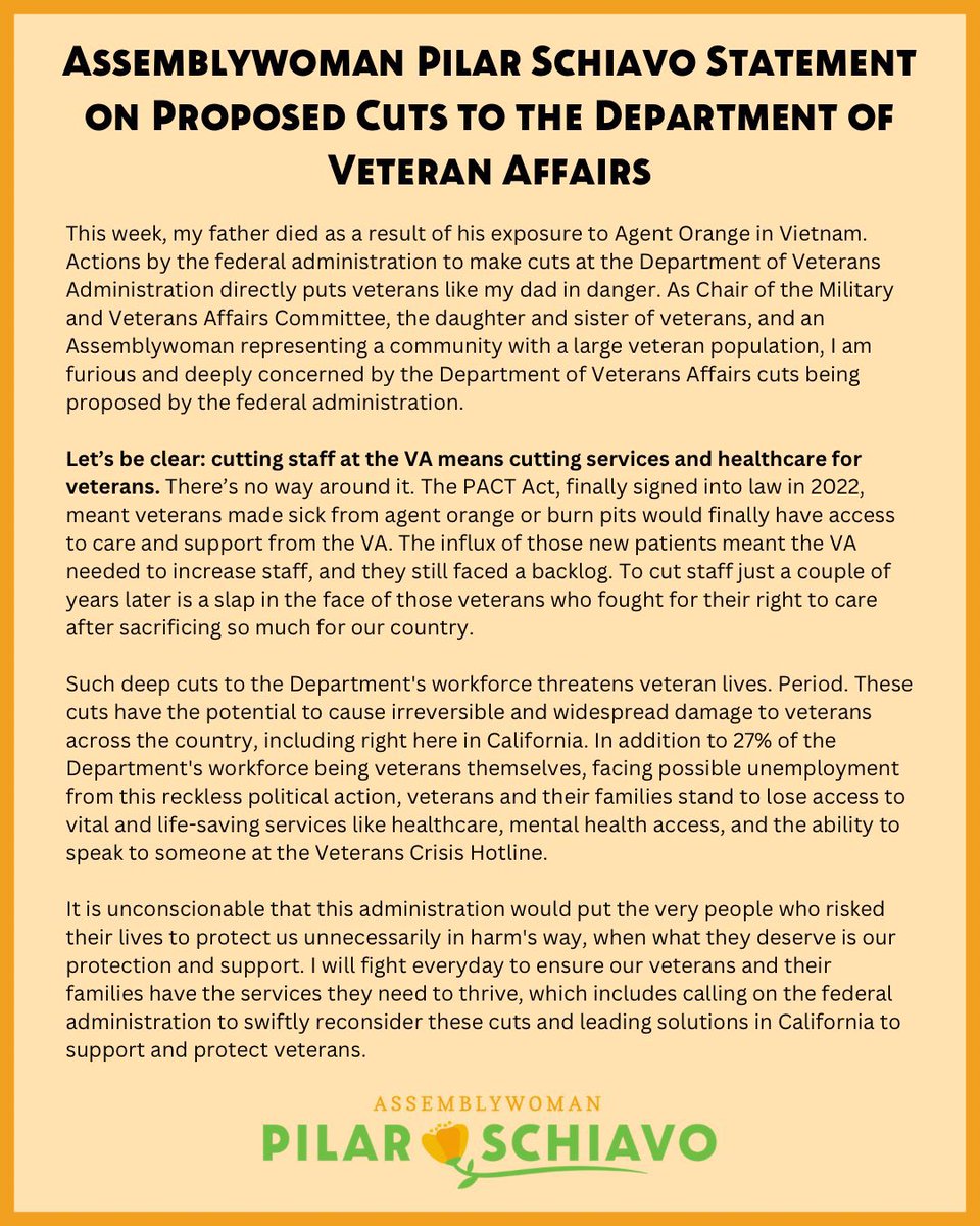 On Monday my dad died of complications related to his Agent Orange exposure while serving in the Vietnam War. This same week the Federal Administration took care and services away from #veterans just like my dad. I’m furious. 

Here is my full statement on Proposed Cuts to the