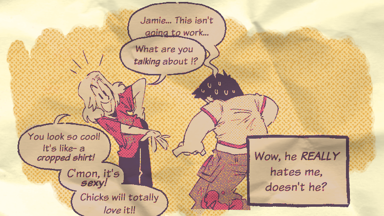 jamie  casually stealing santiagos clothes really funny to me, especially because neither of them would fit really well in each others shirts 

#TOLcomic