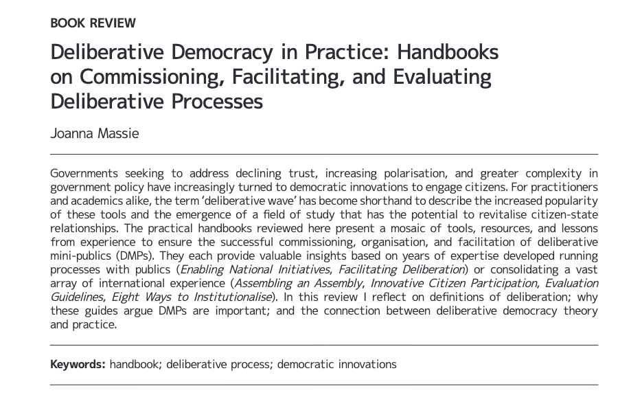 Journal of Deliberative Democracy (@delibdemjournal) on Twitter photo Why use #deliberative processes? What are some challenges in organising mini-publics? How can we incorporate more voices from the Majority World? 🤔
ICYMI: Joanna Massie <a href="/McMasterU/">McMaster University</a> reviewed 6️⃣ handbooks on deliberative processes
🔓delibdemjournal.org/article/id/160… Why use #deliberative processes? What are some challenges in organising mini-publics? How can we incorporate more voices from the Majority World? 🤔
ICYMI: Joanna Massie <a href="/McMasterU/">McMaster University</a> reviewed 6️⃣ handbooks on deliberative processes
🔓delibdemjournal.org/article/id/160…