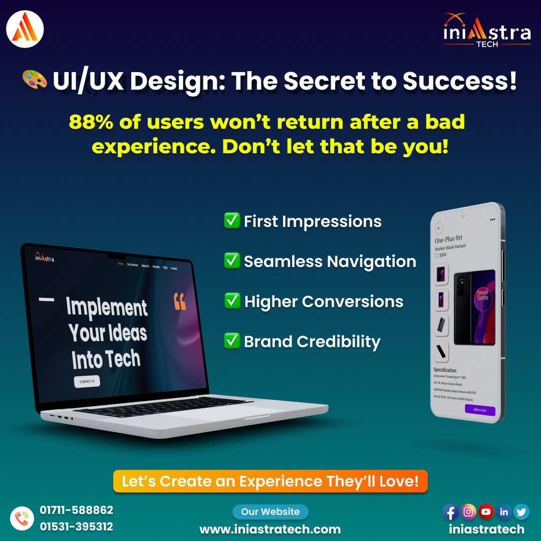 iniastratech's tweet photo. 🎨UX/UI Design: The Secret to a Successful Website &amp; App! 🚀
Did you know that 88% of users won’t return after a bad experience?😲That’s why UI/UX design is a game-changer!
✅First Impressions Matter👀
✅ Seamless Navigation🏆
✅ Higher Conversions💰
✅ Brand Credibility🤝 https://t.co/i6cBbPCWq2