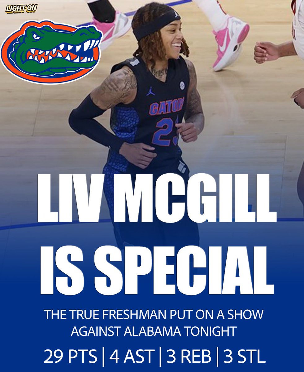 LIGHT ON COLLEGE SPORTS (@lightonsports) on Twitter photo Florida's true freshman Liv McGill PUT ON A SHOW against Alabama tonight 🐊🔥
29 PTS
10/17 FG
3/4 3-PT
4 AST
3 REB
3 STL
Gators advance to the SEC Women's Quarterfinals
#ChompChomp <a href="/mcgiaiviA1/">Liv McGill</a> <a href="/GatorsWBK/">Gators Women’s Basketball</a> Florida's true freshman Liv McGill PUT ON A SHOW against Alabama tonight 🐊🔥
29 PTS
10/17 FG
3/4 3-PT
4 AST
3 REB
3 STL
Gators advance to the SEC Women's Quarterfinals
#ChompChomp <a href="/mcgiaiviA1/">Liv McGill</a> <a href="/GatorsWBK/">Gators Women’s Basketball</a>