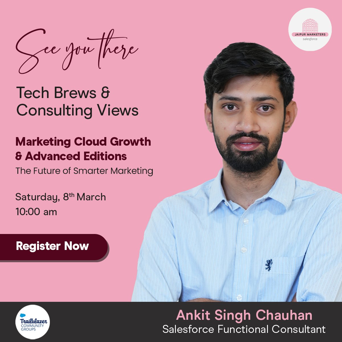 Meet Our Next Speaker for Tech Brews &amp; Consulting Views! 🎤

Excited to have ANKIT SINGH join us this Saturday as we dive into Marketing Cloud Growth &amp; Advanced Editions!

🎟 RSVP now—don’t miss out! 👉 lnkd.in/gFreantq

#TrailblazerCommunity #MarTech