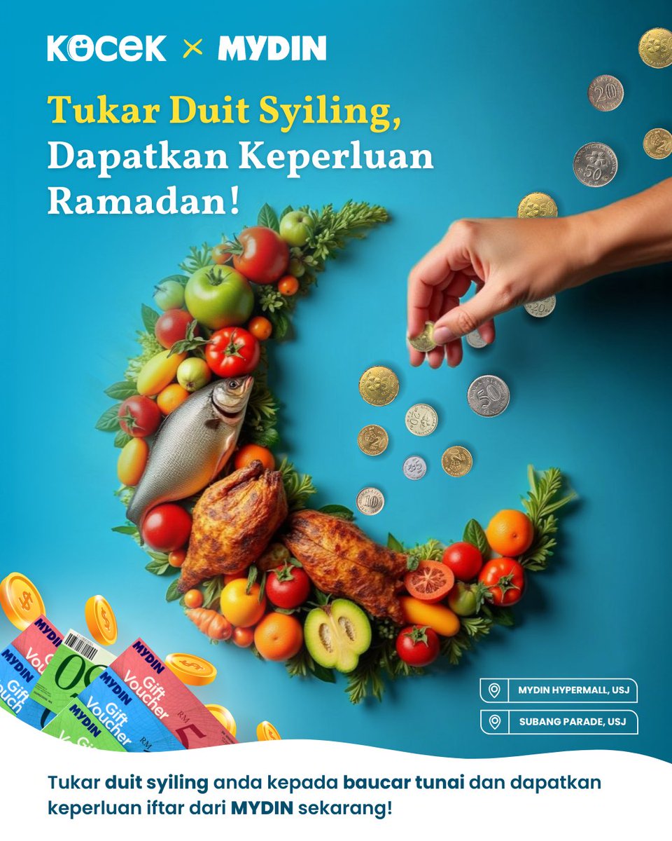 Tukar syiling, beli barang dapur! 🌙💰

Gunakan duit syiling anda untuk dapatkan baucar tunai MYDIN serta-merta melalui KOCEK! Beli ayam, ikan, sayur &amp; buah dengan mudah untuk hidangan berbuka.

#KOCEKxMYDIN #TukarSyilingTebusIftar