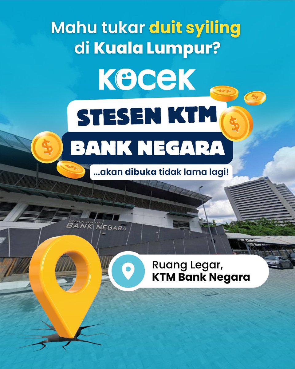 💰 KOCEK Kini di KTM Bank Negara! 🚉

Ada banyak duit syiling? Jangan biarkan tanpa digunakan! Tukar duit syiling kepada nilai tunai digital dengan mudah di lokasi baharu kami di Kuala Lumpur.

📍 Ruang Legar KTM Bank Negara!

#KOCEK #TukarDuitSyiling #BankNegaraMalaysiaKTM
