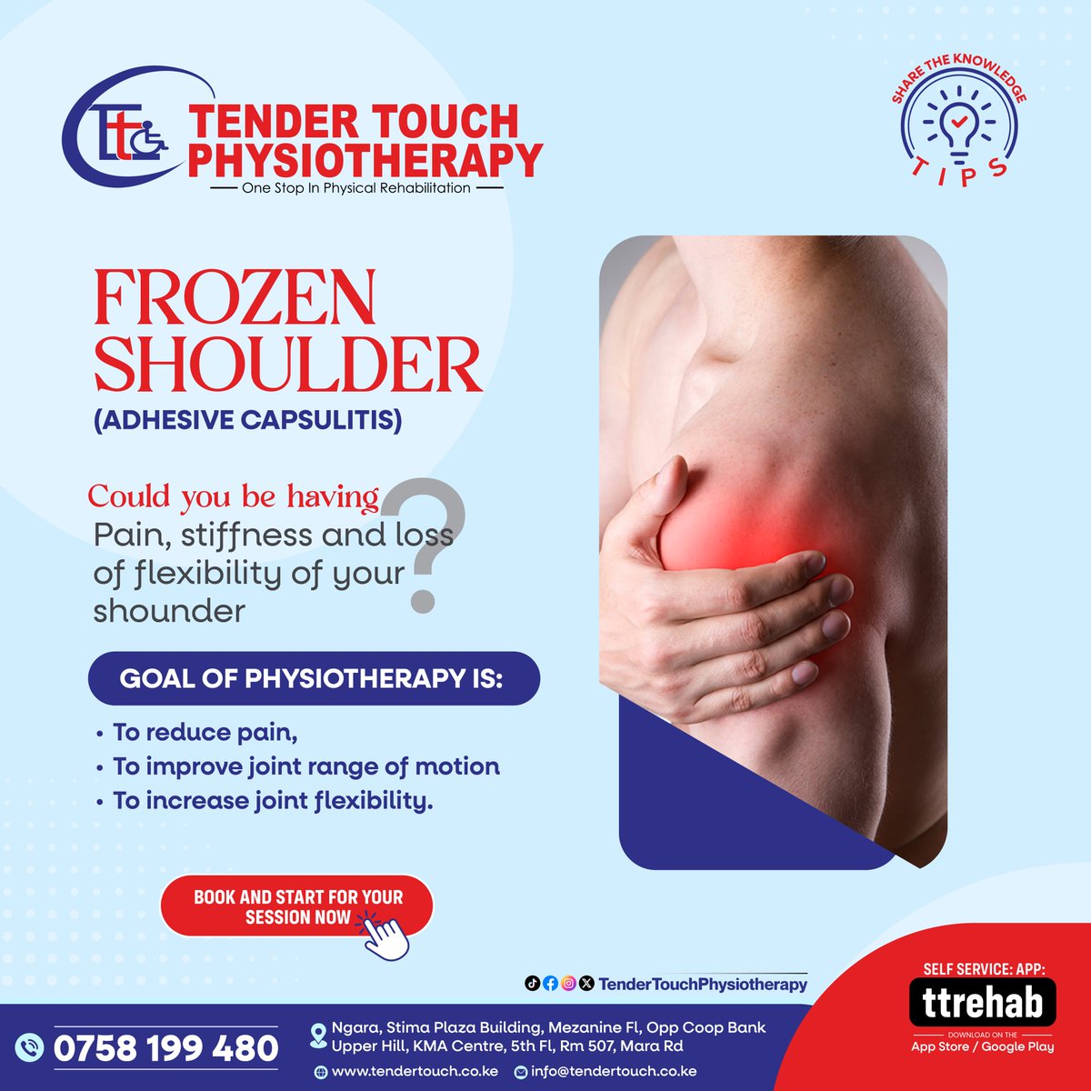 FROZEN SHOULDER!!
Frozen Shoulder or Adhesive Capsulitis, can severely limit your shoulder movement and cause significant pain. We specialize in targeted treatments to reduce pain and restore mobility with effective exercises, therapies, and personalized care.