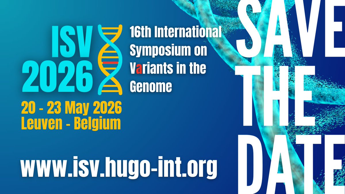 📢 Save the Date! #ISV2026 is coming to Leuven, Belgium 🇧🇪
🗓️ 20-23 May 2026

🧬Join experts in genomics &amp; variant science for cutting-edge talks, networking &amp; innovation

More info soon – mark your calendars &amp; signup!

👉 isv.hugo-int.org

#Genomics #genetics #DNA #NGS