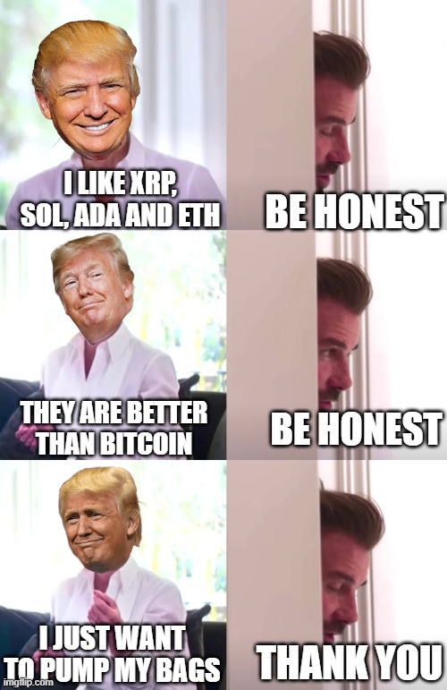 Takže vlastně takový pěkný rug-pull na dříve oznámené shitcoiny typu Ada, Sol, Eth a XRP 😁
Opravdu šlo jen o napumpování bagů, jak jsem avizoval dříve tímto memem: