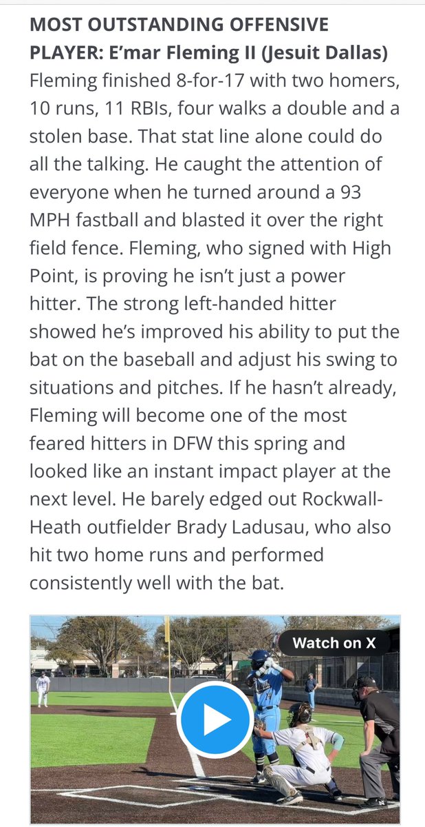 E'mar “Dubs” Fleming II (@_dubs25) on Twitter photo Thanks <a href="/FiveToolTexas/">✭Five Tool Texas✭</a> for the coverage and recognition. #FiveToolFestival was a great tournament!
<a href="/jcpbaseball/">Jesuit Baseball</a> #menforothers #blessingscomewithpatience #SnrSzn Thanks <a href="/FiveToolTexas/">✭Five Tool Texas✭</a> for the coverage and recognition. #FiveToolFestival was a great tournament!
<a href="/jcpbaseball/">Jesuit Baseball</a> #menforothers #blessingscomewithpatience #SnrSzn