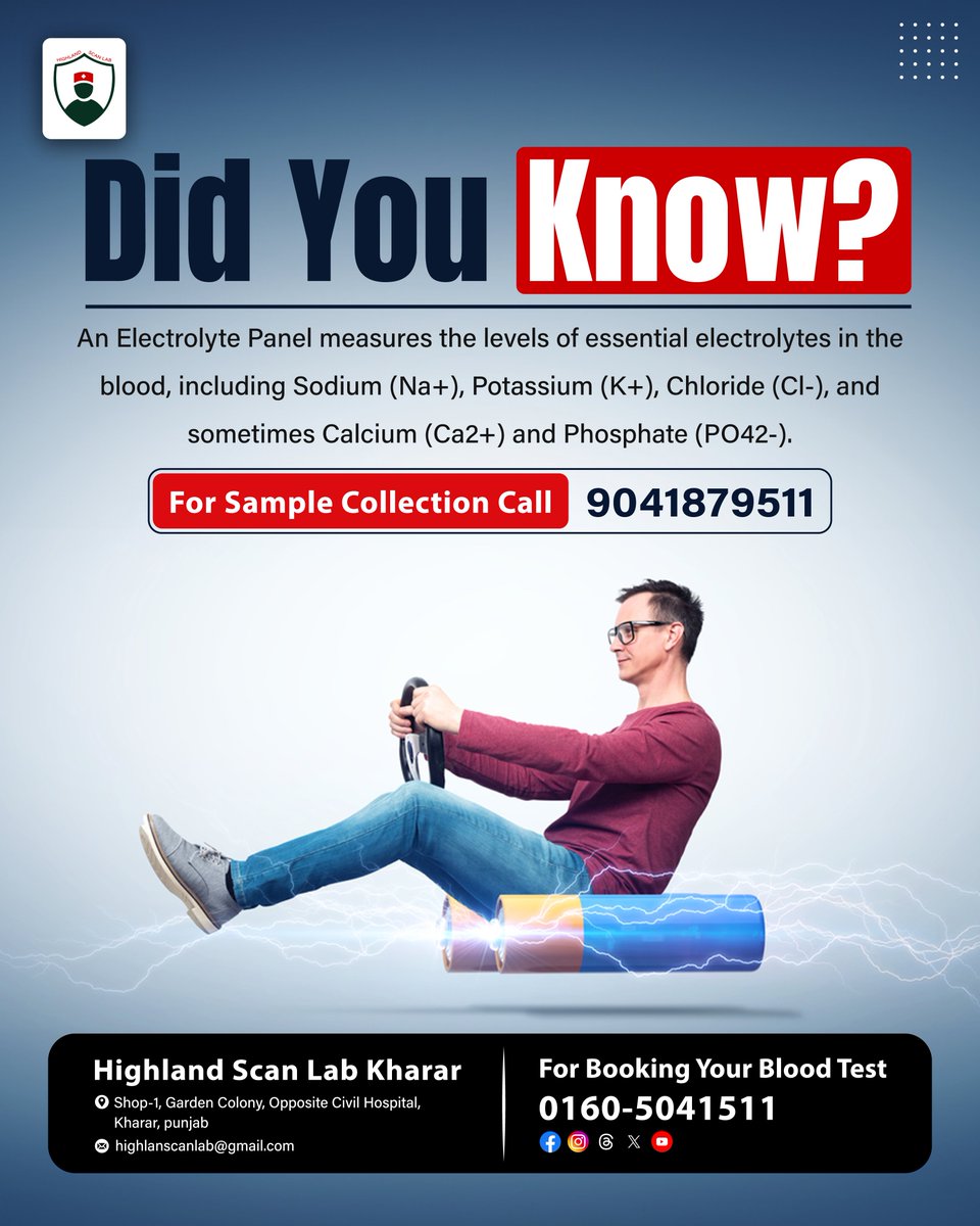 HighlandScanLab's tweet photo. #GetTested with our #ElectrolyteTest to measure essential #ElectrolyteLevels like sodium, potassium, and chloride. This #QuickAndEasy test helps detect any body imbalances. #BookYourAppointment!
.
#Electrolytes #Energy #DrJatinderSingh #Kharar #BestLab #BloodTest #FullBodyTest https://t.co/d7tcdVKS6e