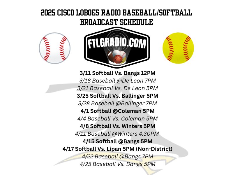 LoboesRadio's tweet image. 2025 Cisco Loboes Radio Broadcast Schedule! Our coverage of Lady Loboes Softball begins on Tuesday 12PM Vs. Bangs!