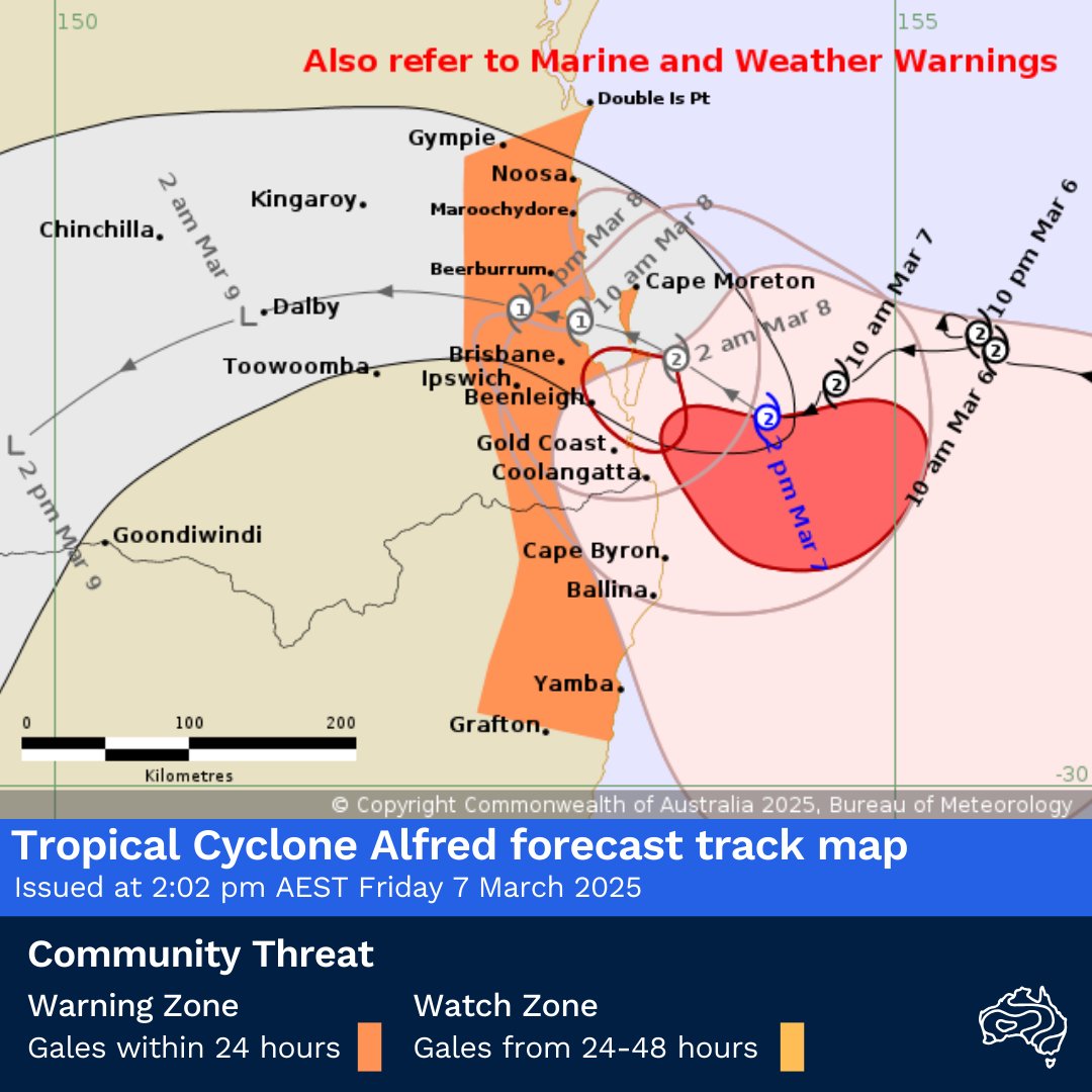 Forecast track maps for Tropical #CycloneAlfred are published hourly on our website. Latest: bom.gov.au/cyclone

It is currently 125km east of #Brisbane and 90km east north-east of #GoldCoast, moving west south-west at 8km/hr. Mainland coast crossing likely later Saturday.