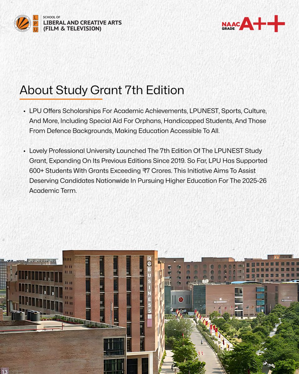 LPUFilm's tweet image. Exciting Opportunity for LPU Students! 

Lovely Professional University is offering a ₹1,00,000 Study Grant per student to pursue learning at India's top institutions! 

Open for all eligible students.
A step towards excellence in education!

 #StudyGrant #HigherEducation  #LPU