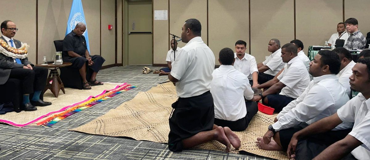 FijiNDRMO's tweet photo. The @FijiNDRMO was delighted to traditionally welcome @HeadUNDRR Kamal Kishore in Suva yesterday who is on a two-week visit to the region, focusing on accelerating Sendai Framework implementation, strengthening DRR coordination, &amp; promoting resilience investments. https://t.co/85zLWzscsz
