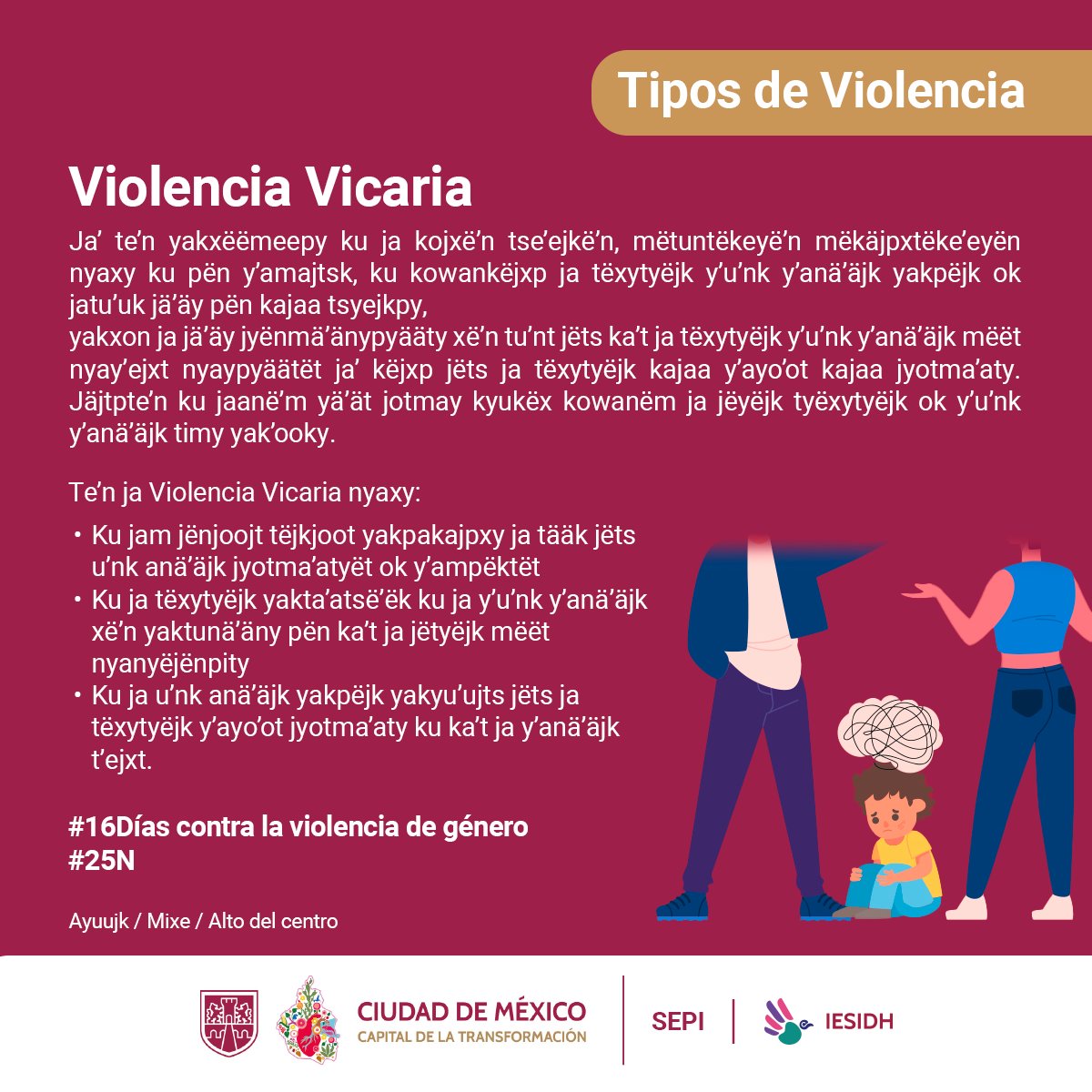 <a href="/VASTA_MX/">VASTA_MX</a> <a href="/SeMujeresCDMX/">Secretaría de las Mujeres</a> <a href="/DIFCDMX/">DIF Ciudad de México</a> <a href="/FNCVVICARIA/">Frente Nacional contra Violencia Vicaria A.C.</a> <a href="/InjuveCDMX/">INJUVE CIUDAD DE MÉXICO</a> <a href="/SEBIEN_cdmx/">Secretaría de Bienestar e Igualdad Social</a> <a href="/SEPICDMX/">SEPI CDMX / Pueblos-Barrios-Comunidades Indígenas</a> <a href="/DTsjcdmx/">Dirección Ejecutiva de Derechos Humanos del PJCDMX</a> <a href="/Finanzas_CDMX/">Secretaría de Administración y Finanzas Cd. de Méx</a> <a href="/SeGobCDMX/">SEGOB CDMX</a> ¡Buenas noches!

#NoEstásSola La #IESIDH te invita a consultar y compartir las postales sobre los tipos y modalidades de #ViolenciaDeGénero

Material disponible en:

sidh.cdmx.gob.mx/Otros/contra-l…

#CDMX
#CapitalDeLaTransformación
#ContraLaViolenciaDeGénero