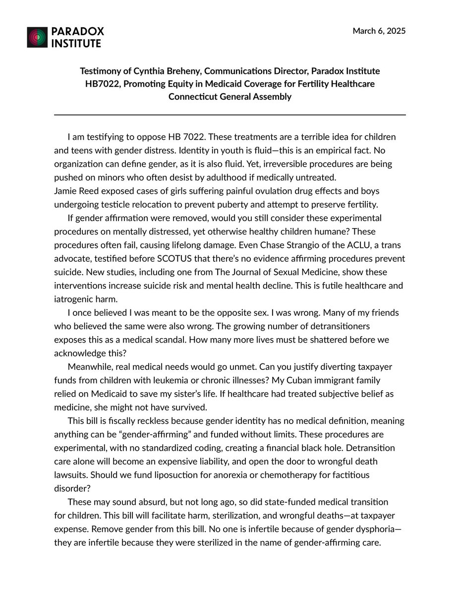 PdxInstitute's tweet image. Our organization will be testifying against two bills that promote "gender-affirming care" in Connecticut.
Here are our written testimonies.