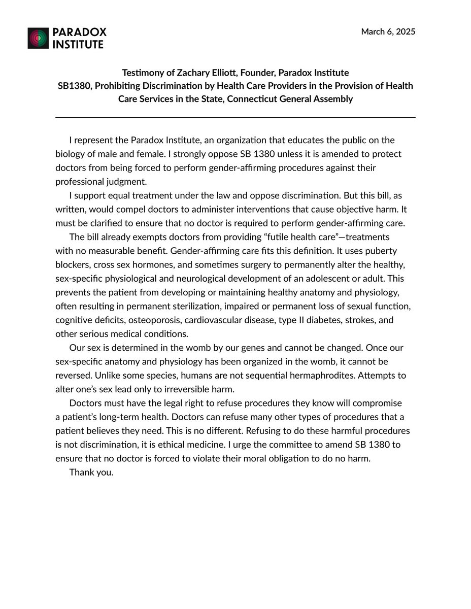 PdxInstitute's tweet image. Our organization will be testifying against two bills that promote "gender-affirming care" in Connecticut.
Here are our written testimonies.