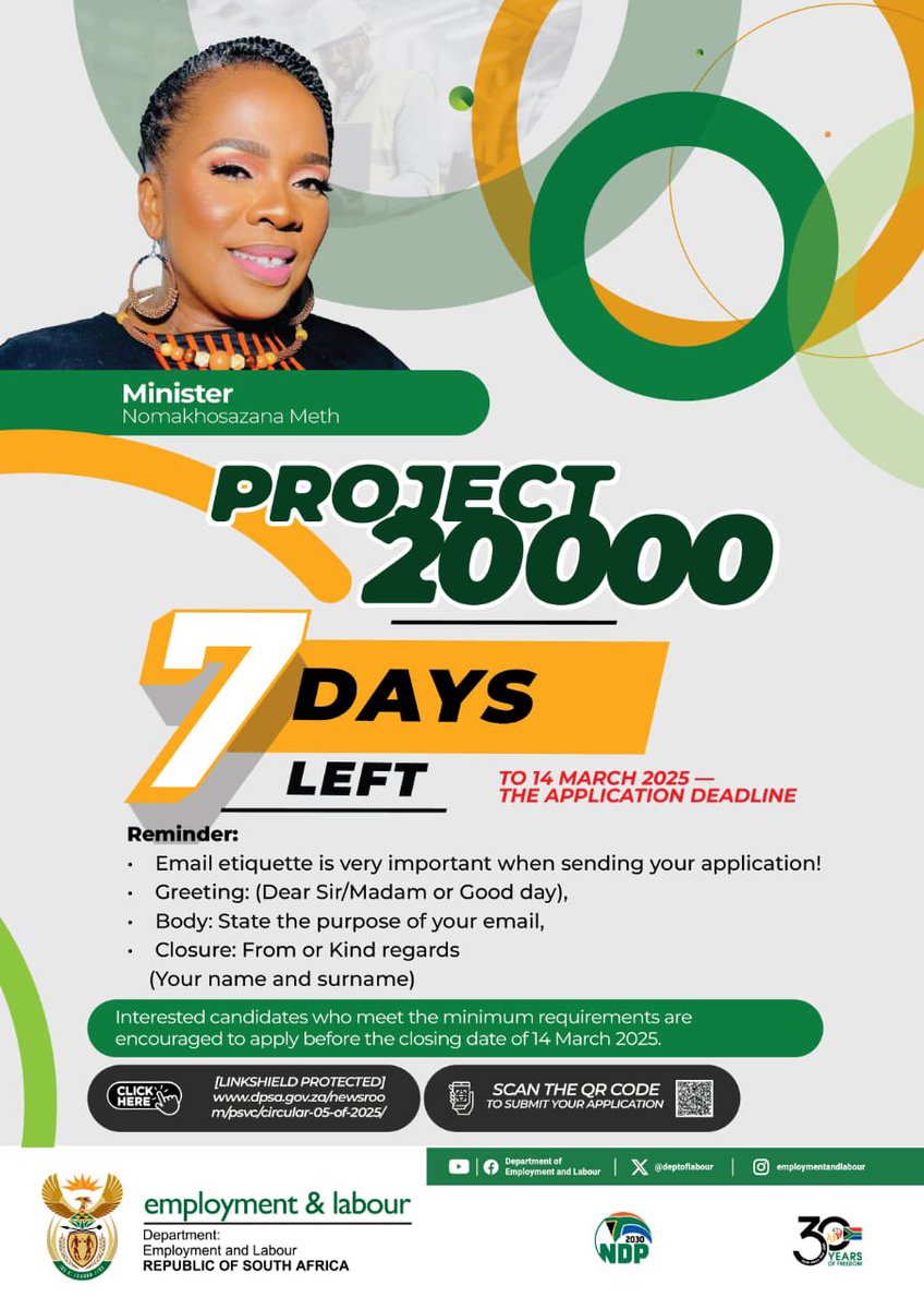 1Khosi_Meth's tweet photo. 7 days to #Project20000 application deadlineโฆ๐ฟ๐ฆ #GovZAUpdates #JobSeekersSA https://t.co/5vLffrLMoI