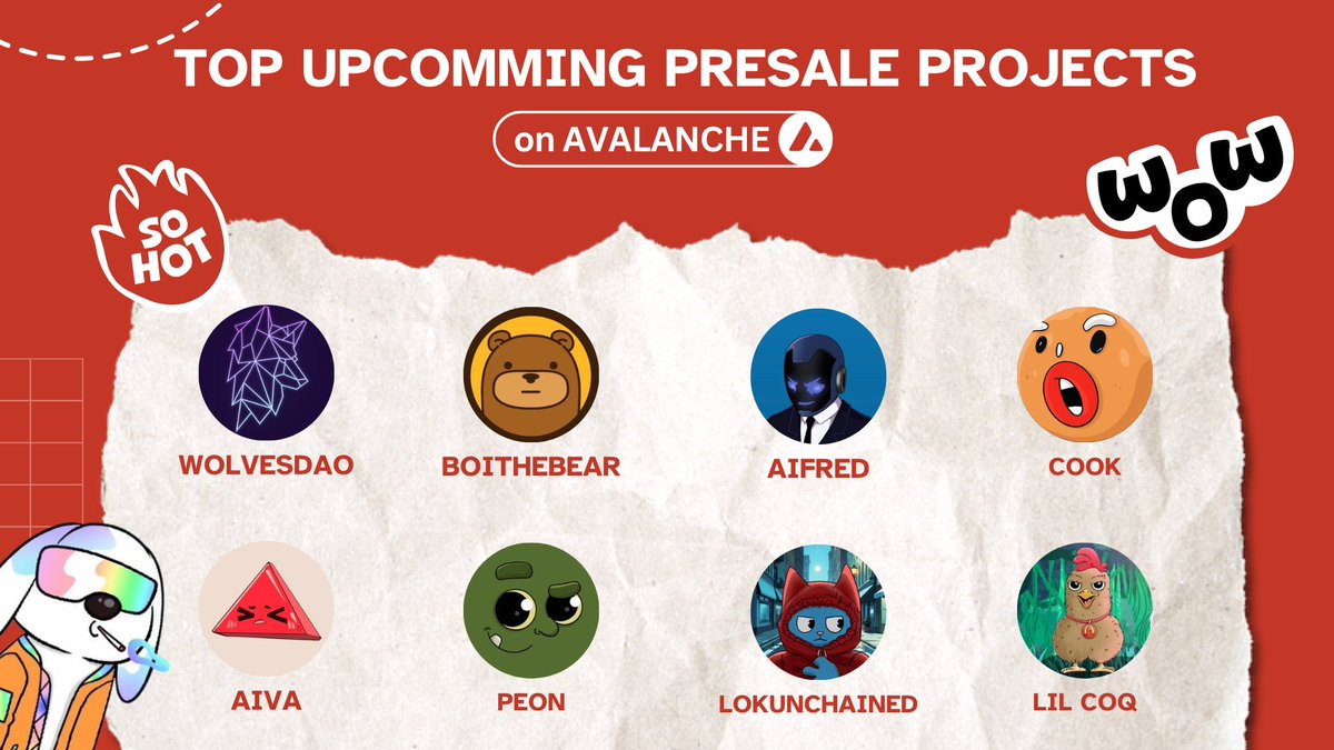 0xRyderr's tweet photo. 🔺🔺🔺 8 Pre-sale projects on AVAX that I’m focusing on: 

1⃣@WolvesDAO - $WOOF

WolvesDAO is one of the best-built and well-maintained crypto gaming communities, now planning to launch its token on @avax. The project is a fusion of gaming, AI, and memes.

Woof has just received an InfraBUIDL (AI) grant from the @AvalancheFDN.

- Smart Follow (by @getmoni_io): 416

2⃣ @Boithebear - $BOI

Currently, the most hyped project after $BLUB, backed by a strong community and solid marketing.
Founder: @hakikiceo is a well-known figure and an Arena OG. 

How to get Whitelist?

✅Go to: https://t.co/Eg4fNedIX3 & sign up by connecting X
✅Post about $BOI on X & tag @Boithebear
✅Engage with other $BOI-related tweets on X

- Smart Follow (by @getmoni_io): 135

3⃣ @aifred_agent - $AiFRED

Not much information on the project yet, but it is followed by Avax, Avax Foundation, and some team members.

– Smart Follow (by @getmoni): 46

4⃣ @cookavax - $COOK     

Followed by CEO of $BOI, CDO of Avax, Co-founder of @LFJ_gg, and many AVAX OGs.

You can create art/content or drop funny comments to get noticed and secure a WL!

– Smart Follow (by @getmoni): 42

5⃣ @AIVAonAVAX - $AIVA

Not much info yet, but the project is followed by $WINK's dev, ChartFu and several Degen.

– Smart Follow (by @getmoni_io): 52

6⃣ @Peon_smash & @Peonnft - $PEON

The project has hinted at a presale, but not much info yet. Stay tuned for the next announcement. 

7⃣ @LokUnchained - $LOK

The project is followed by $WINK & $KET Devs, LFJ Co-founder, and several AVAX OGs.
The project's dev @0xMysticBeast is also one of the AVAX OGs. 
Presale form is closed, but still worth following.

- Smart Follow (by @getmoni_io): 32

8⃣@LilCoqNft - $LIL

The best way to get WL is to buy the project's NFT (NFA) or farm social points on Earningsbay.

@Earningsbay_ is a platform where 2 previous projects, $VELAI and $ERROR, had successful launches.

🗓 Launch Date: March 11, 202

- Smart Follow (by @getmoni_io): 8

📌📌📌Turn on notifications for all these projects.