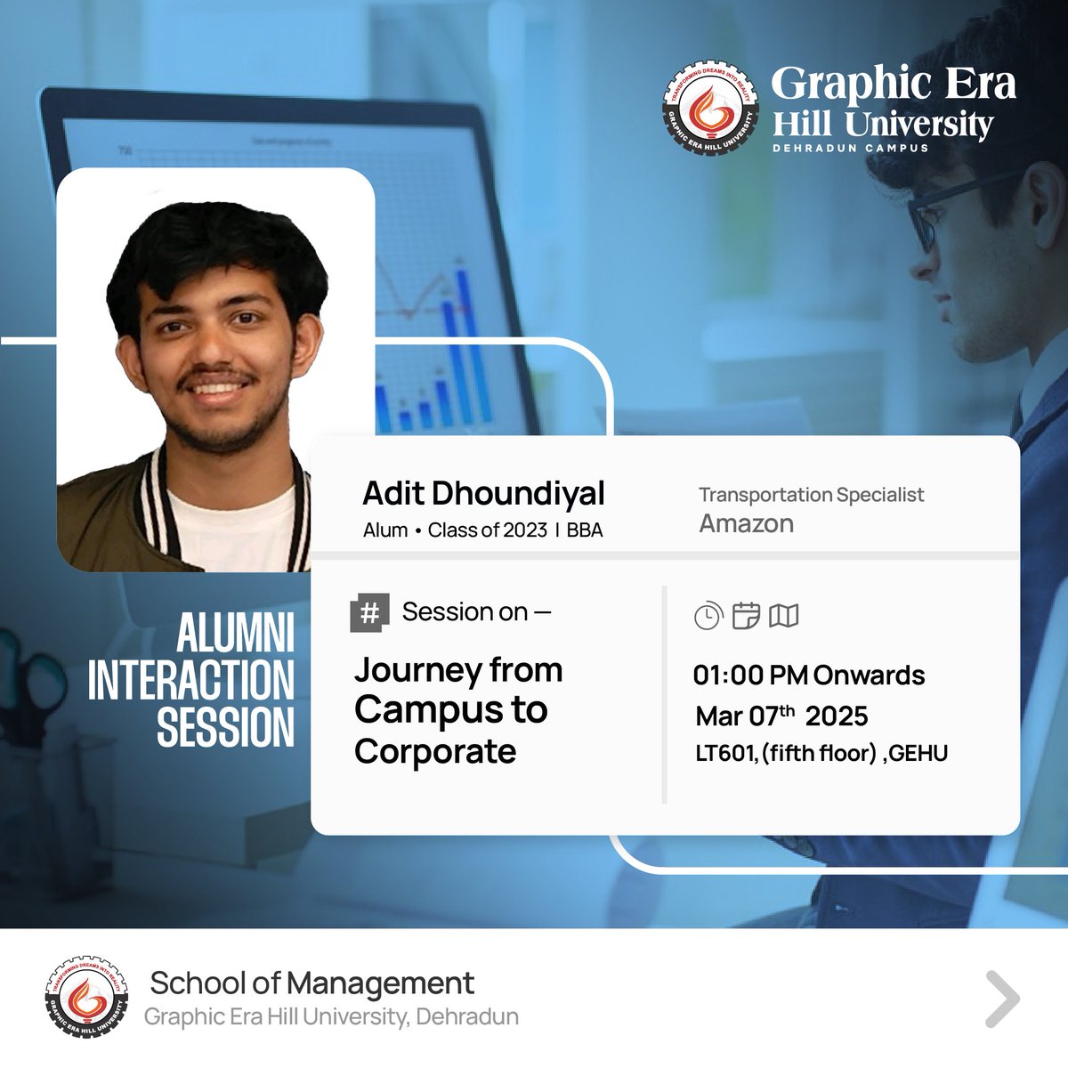 gehudehradun's tweet image. Join us for an inspiring session with Adit Dhoundiyal (BBA, Class of 2023), now a Transportation Specialist at Amazon.
Get ready to gain insights, experiences, and valuable career advice straight from an alum who made it big! Don&apos;t miss out!

#GraphicEra #AlumniInteraction