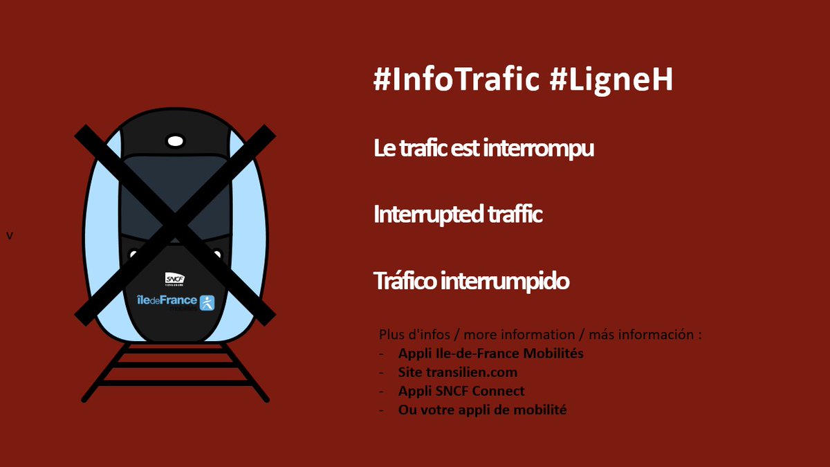 ❌ #InfoTrafic #LigneH

Le trafic est interrompu entre Saint-Denis et Paris Gare du Nord dans les 2 sens jusqu'à 09h. Cette interruption des circulations est demandée pour une intervention des forces de l’ordre.
