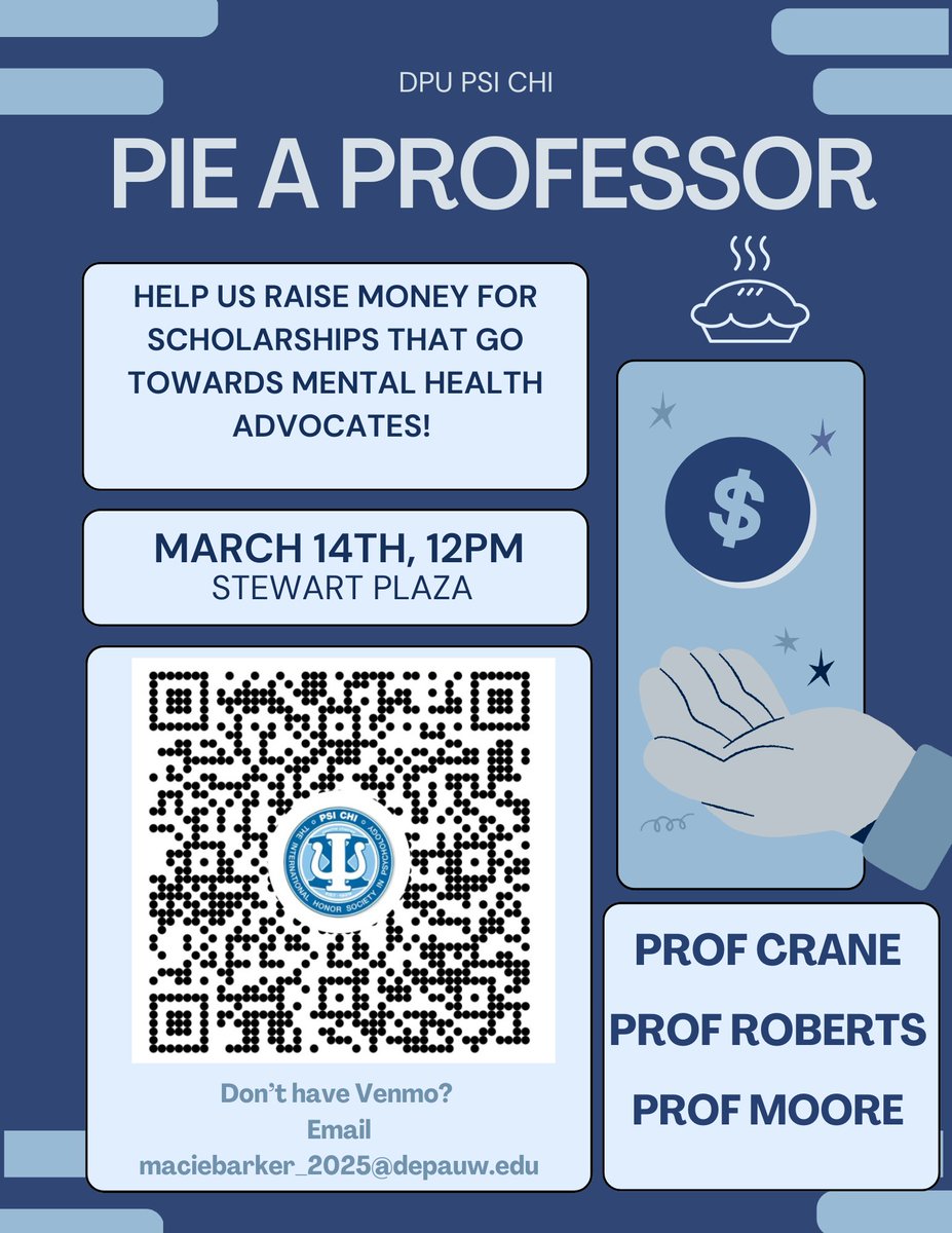 Psi Chi is holding a fundraiser, Pie for a Purpose, to raise money for a student scholarship in the name of Christian Ladd Hall. 2 of my colleagues and I are competing to raise the most money. The "winner" will be pied in the face on 3/14 (Pi Day). Donate money in my  name! 🥧