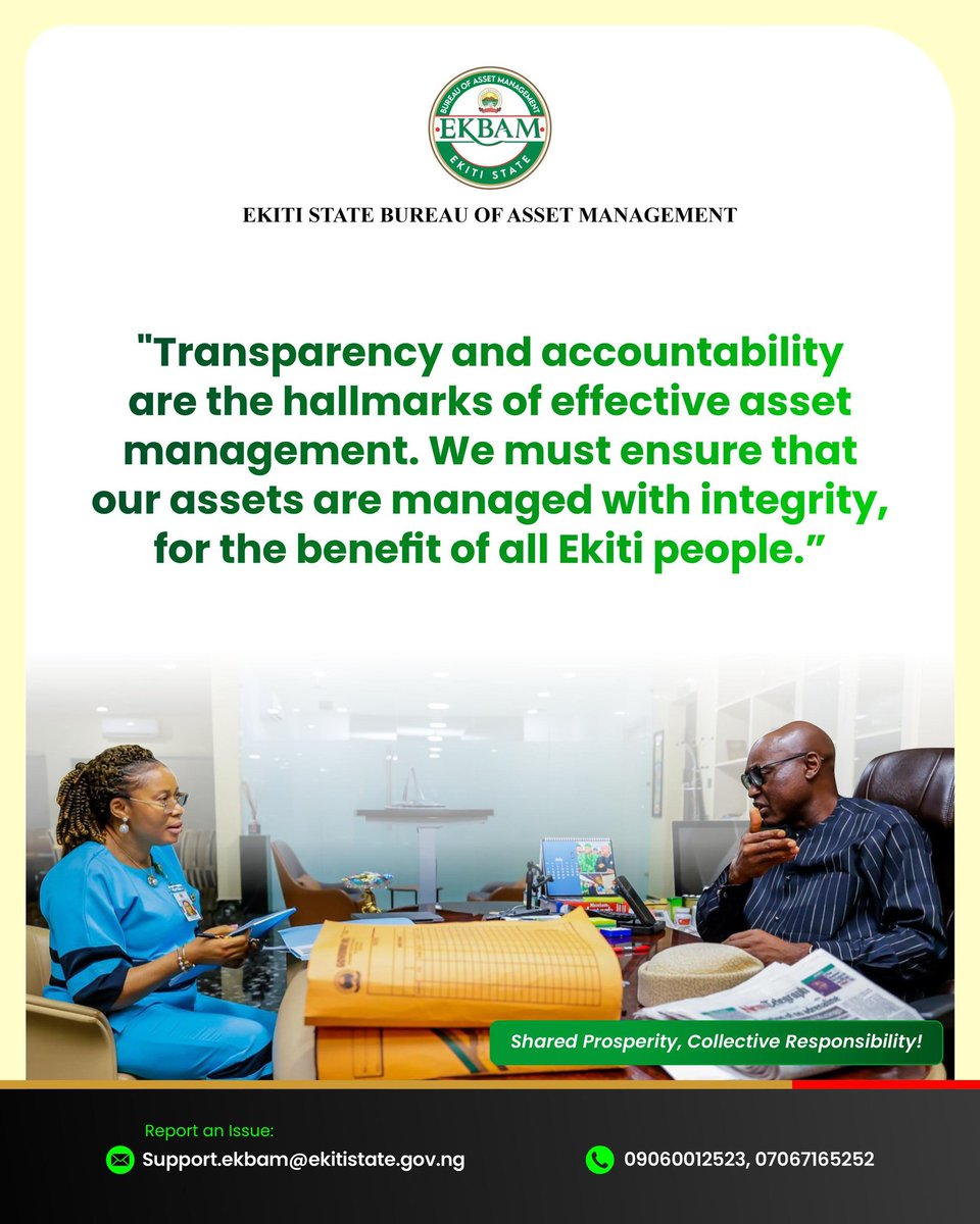 EkitiArshavin's tweet photo. Transparency and accountability are the hallmarks of effective asset management. We must ensure that our assets are managed with integrity, for the benefit of all Ekiti people.
#AssetsManagement
#EKBAM https://t.co/uRsxQAuLWn