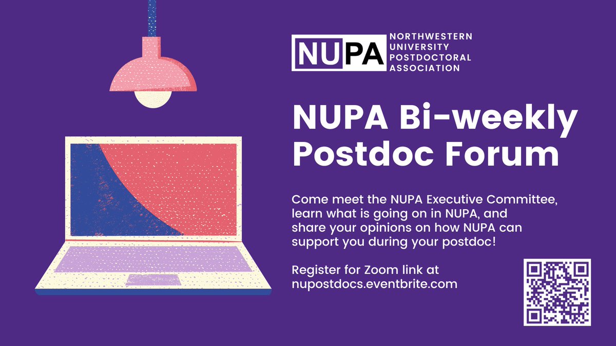 NUPostdocs's tweet image. Join us for the NUPA bi-weekly postdoc forum on Friday, March 14th, 1 PM - 2PM. We warmly invite all postdocs to join us and share issues important to you! Join us bi-weekly, 1 PM to 2 PM on Fridays (CST, Chicago)
Meeting ID: northwestern.zoom.us/j/92395741651?…